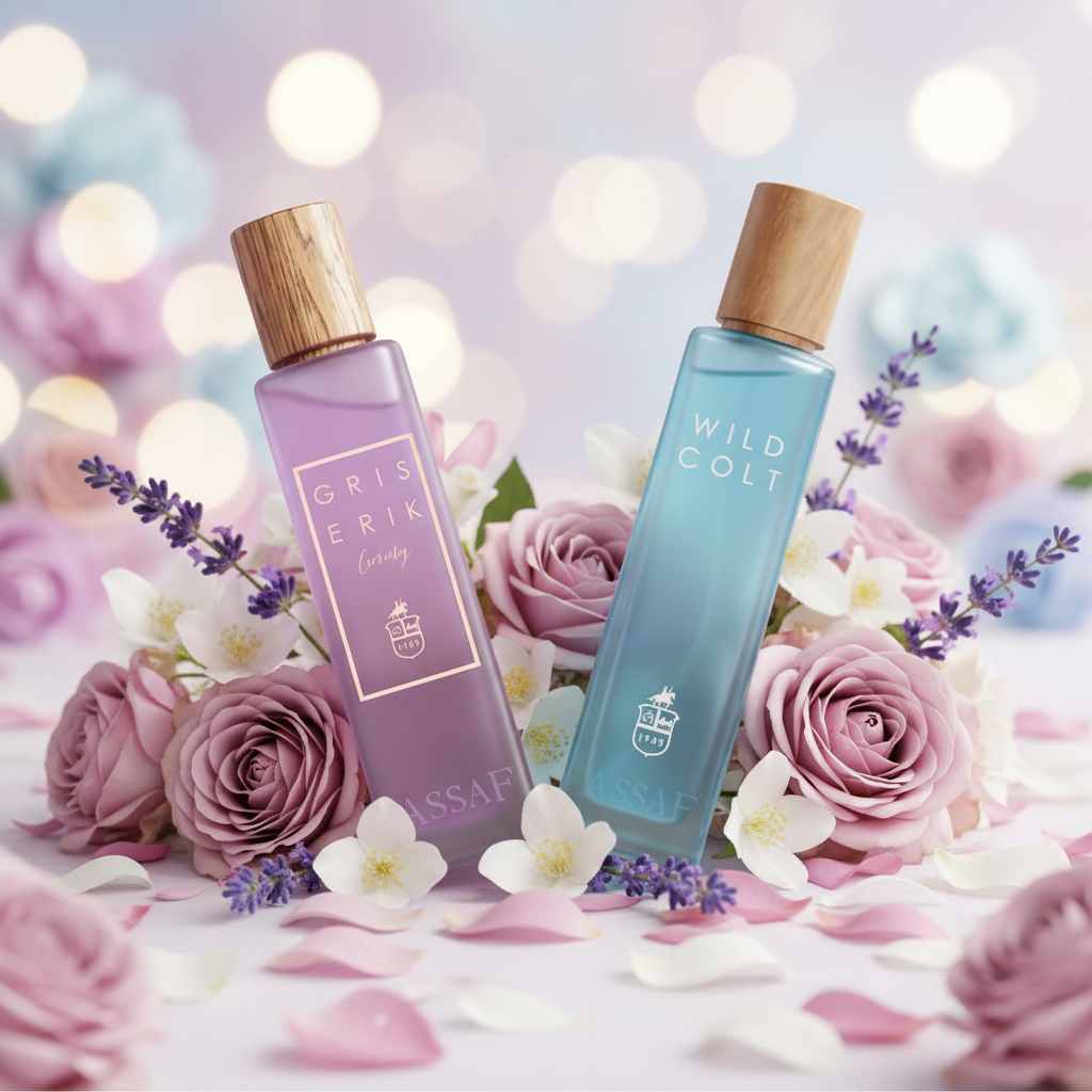 Gris Erik and Wild Colt perfume bottles with floral background