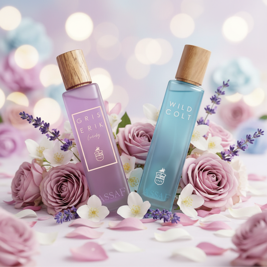 Gris Erik and Wild Colt perfume bottles with floral background